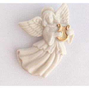 Vintage Signed LENOX Ceramic Christmas Angel with Gold Harp Brooch Pin Jewelry